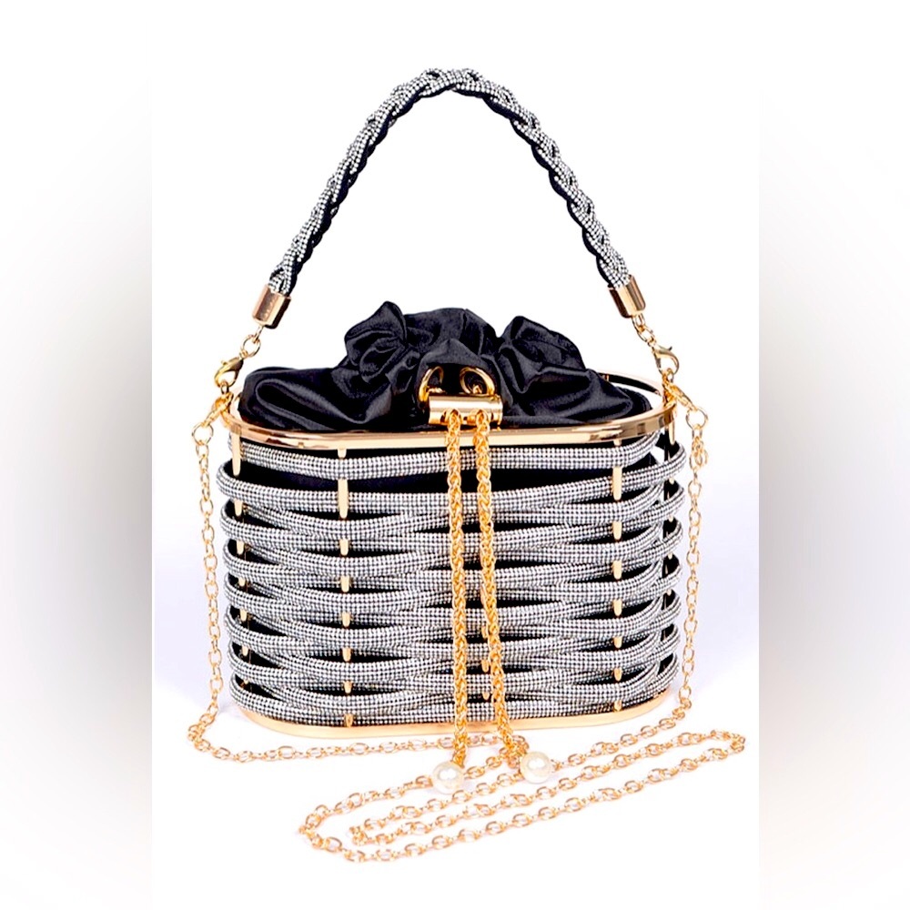 Gold & Silver Rhinestone Weaved Basket Handbag